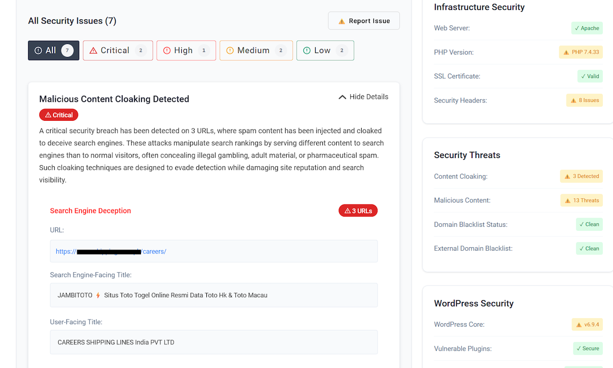 How to Fix the Japanese Keyword Hack in WordPress 4 securewp remote scanner detected content cloaking