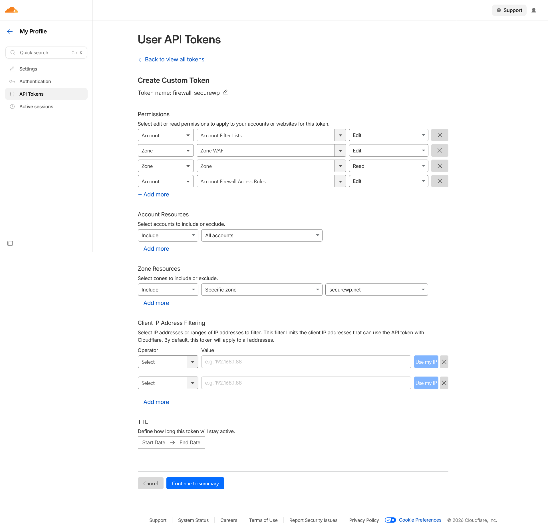 SecureWP Cloudflare integration settings showing Zone ID, credentials, and permission status