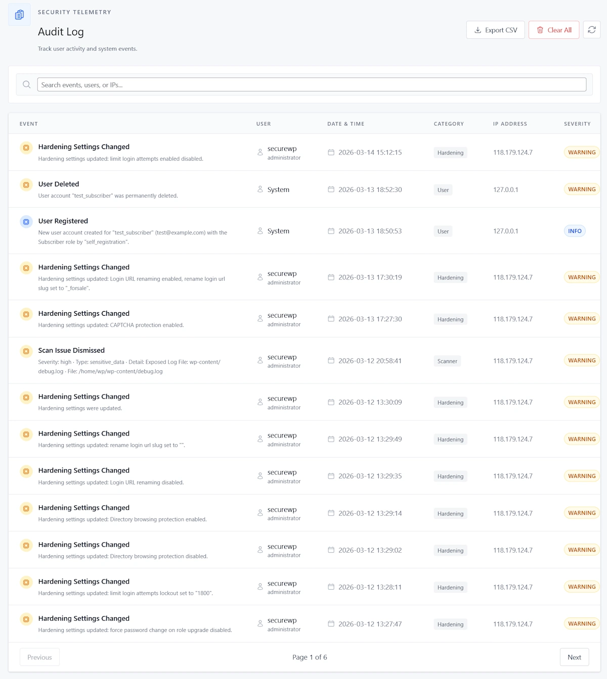 SecureWP Audit Log