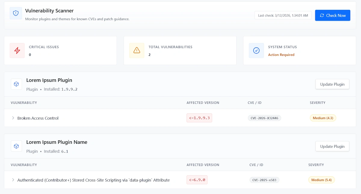 SecureWP Vulnerability Alerts
