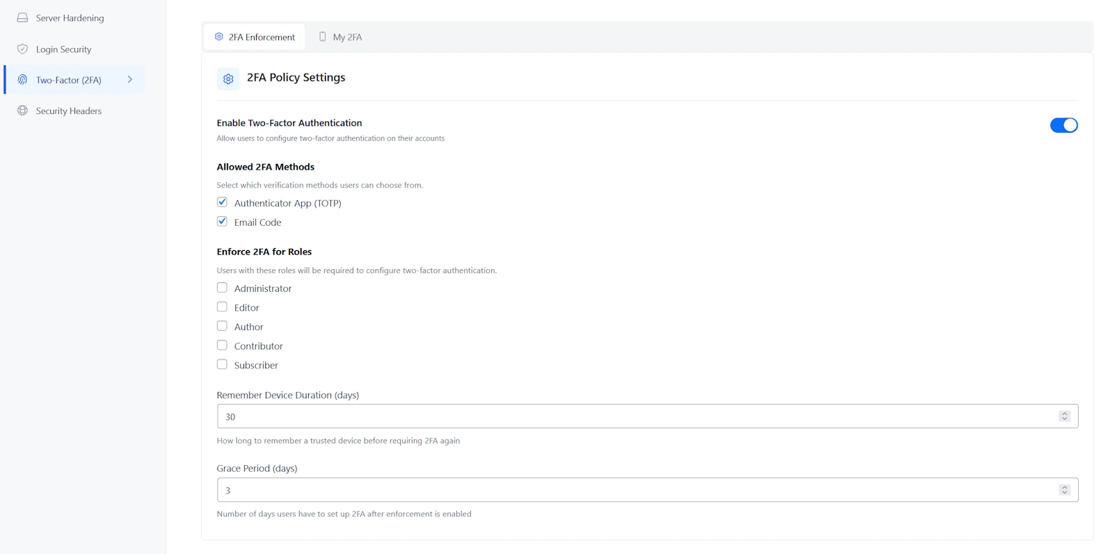 securewp 2fa setting