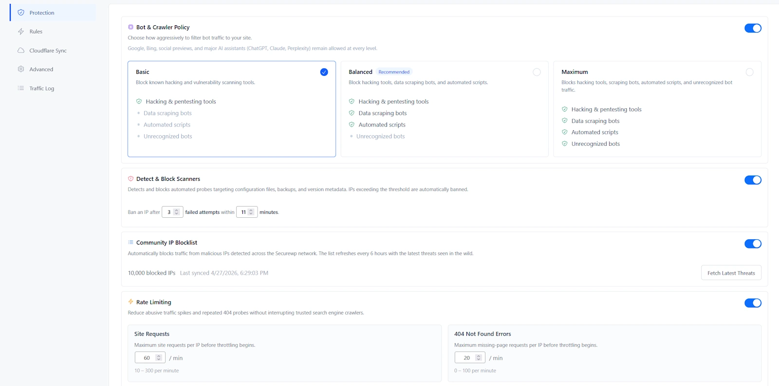 securewp bot policy settings
