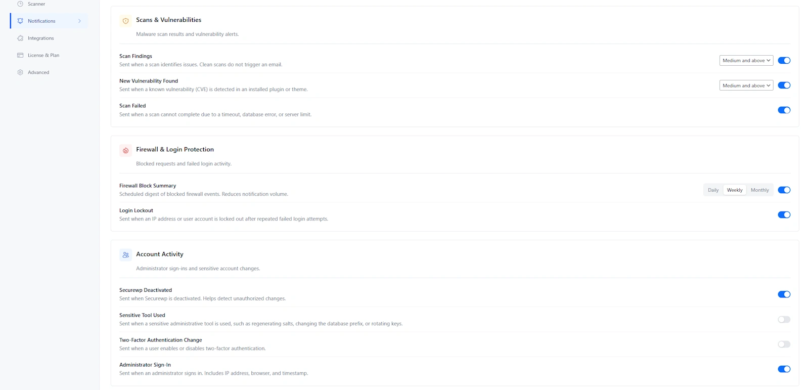 securewp notifications settings