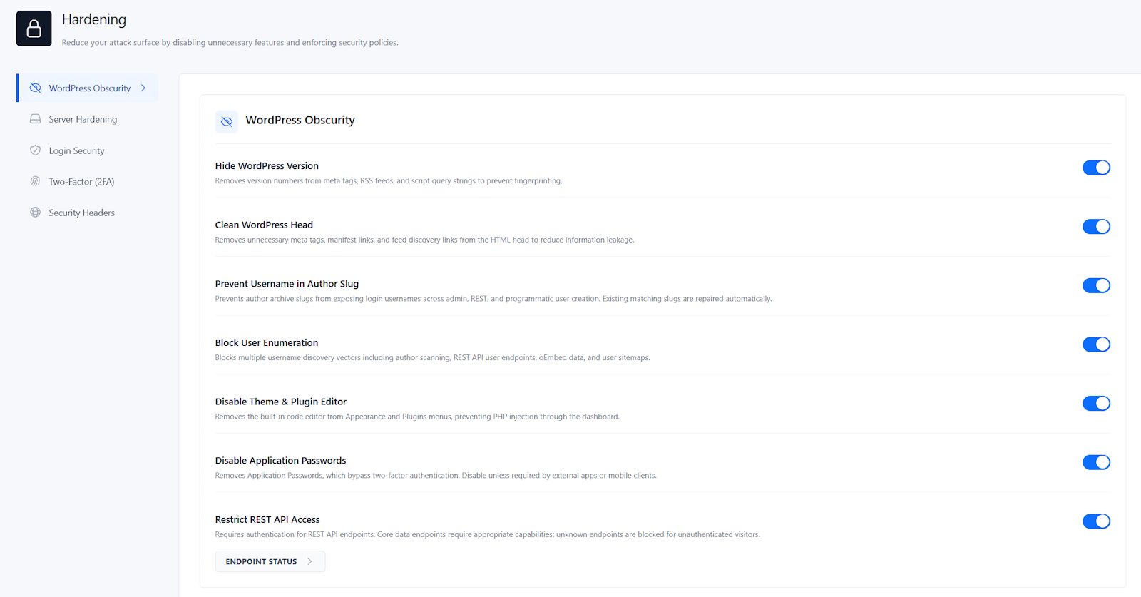 securewp wordpress hardening settings