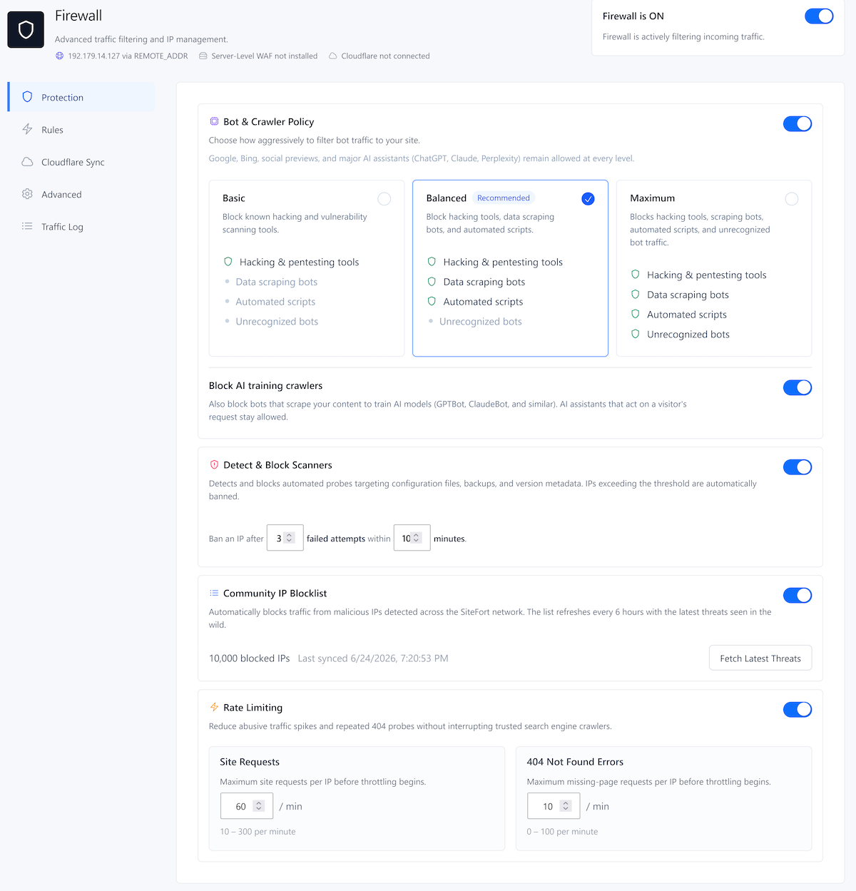 SiteFort firewall protection SiteFort Firewall Protection and Bot Control Settings