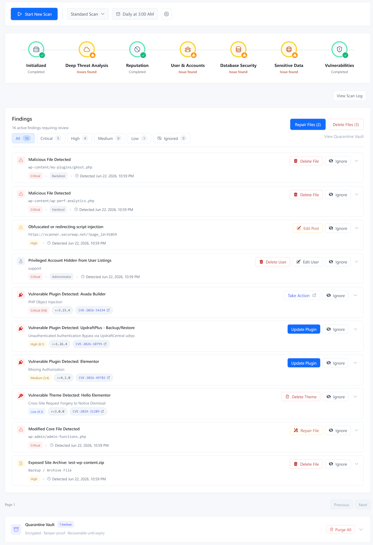 SiteFort malware scanner showing WordPress scan results and security findings