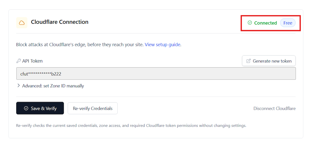 SiteFort Settings | Documentation 5 SiteFort showing a successfully connected Cloudflare integration