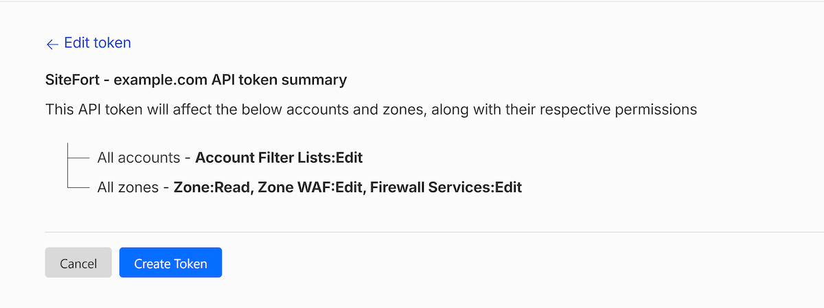 SiteFort Settings | Documentation 3 Cloudflare summary screen confirming token permissions before creation