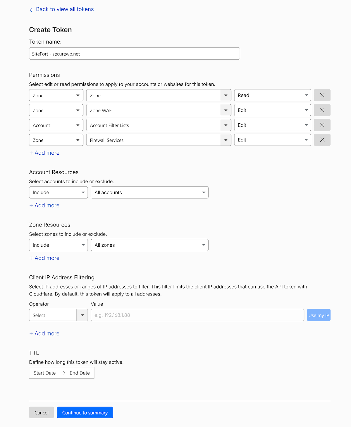 SiteFort Settings | Documentation 2 Cloudflare token creation screen opened from SiteFort's deep link, showing Zone Read, WAF Edit, Filter Lists Edit, and Firewall Services Edit permissions pre-selected