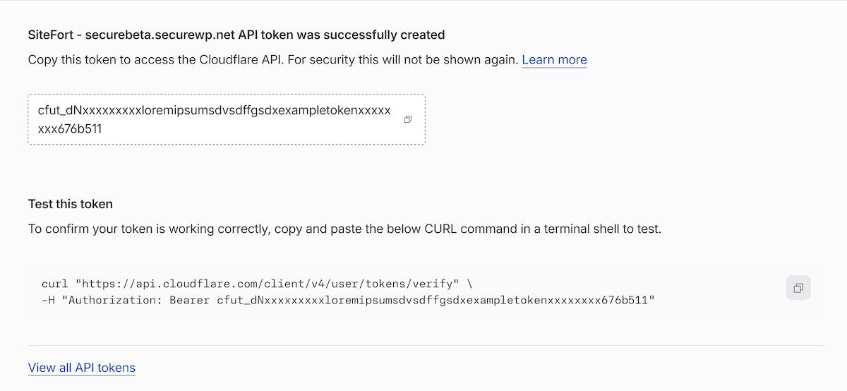 SiteFort Settings | Documentation 4 Cloudflare screen showing the newly generated API token ready to copy
