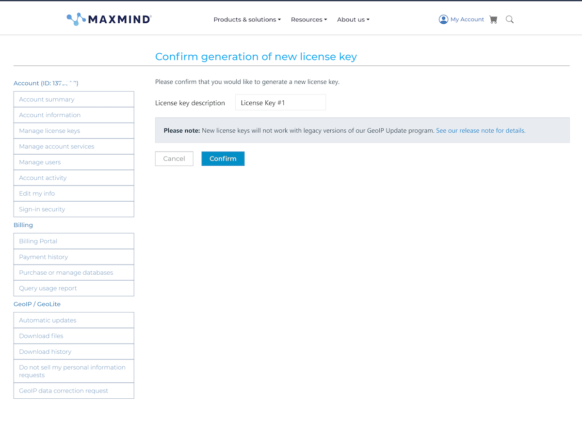 SiteFort Settings | Documentation 9 MaxMind screen for creating a new license key