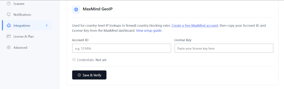 SiteFort Settings | Documentation 6 SiteFort's MaxMind GeoIP panel showing Account ID and License Key fields