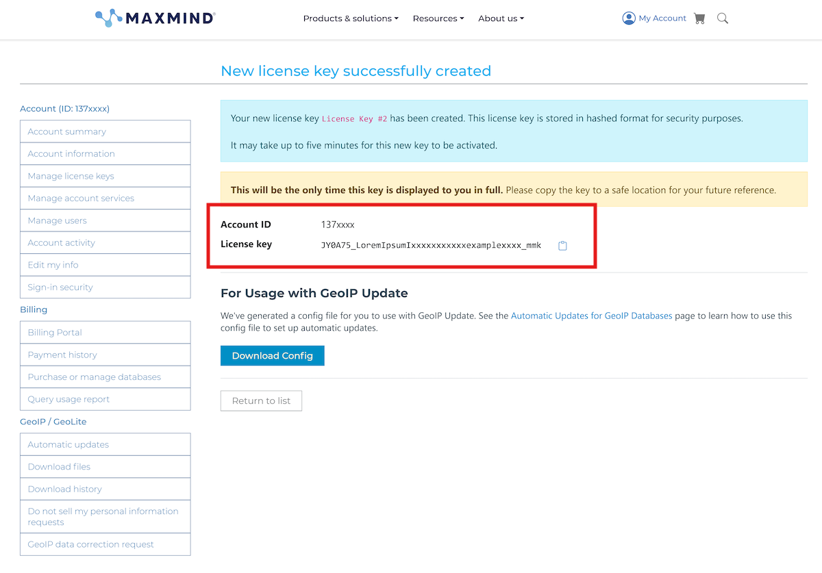 SiteFort Settings | Documentation 10 MaxMind screen showing the generated free GeoLite license key