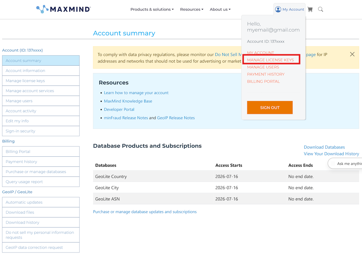 SiteFort Settings | Documentation 8 MaxMind account menu showing the My License Keys link