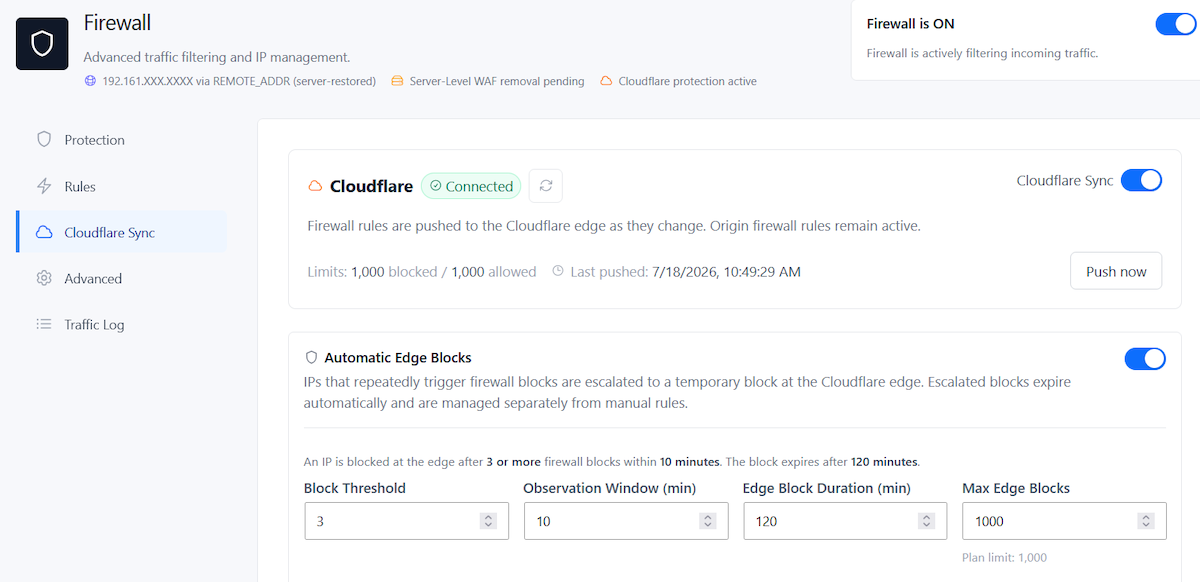 WordPress Firewall with Cloudflare: Bad Bots Never Reach You 1 SiteFort Cloudflare Sync settings showing edge push status and Automatic Edge Blocks thresholds