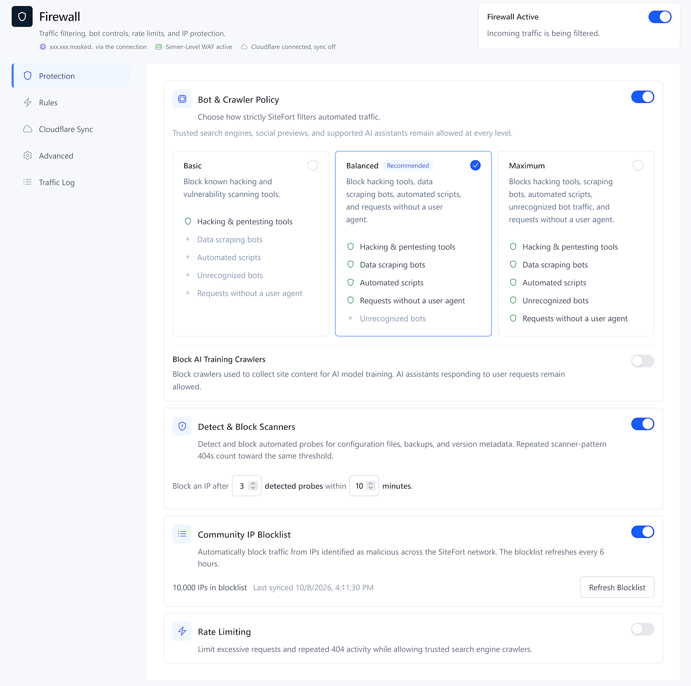 SiteFort WordPress firewall, bot protection, and traffic control settings