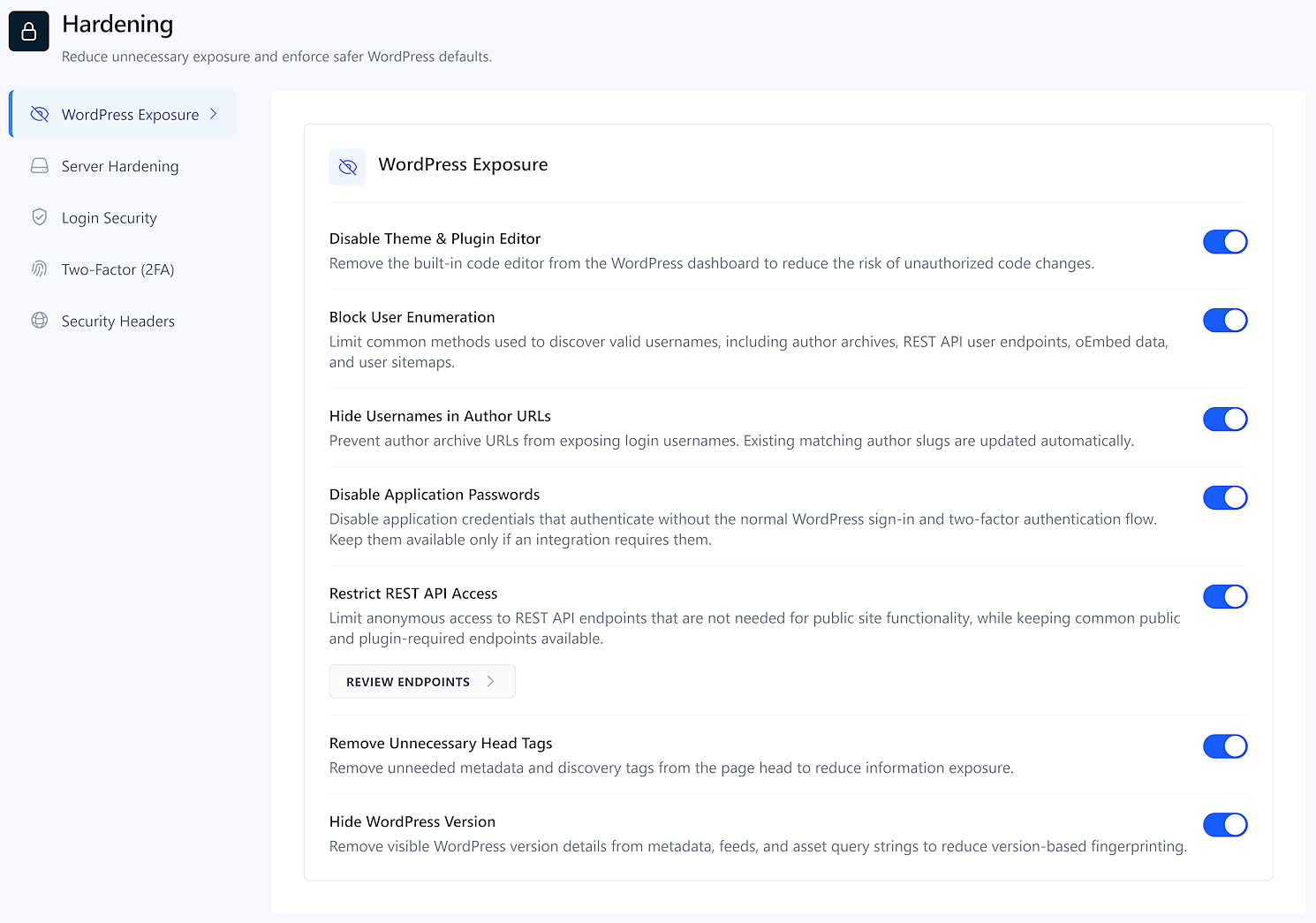 SiteFort WordPress security hardening controls